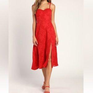 Lulus Loveliest Looks Red Floral Jacquard Tie-Strap Midi Dress Small